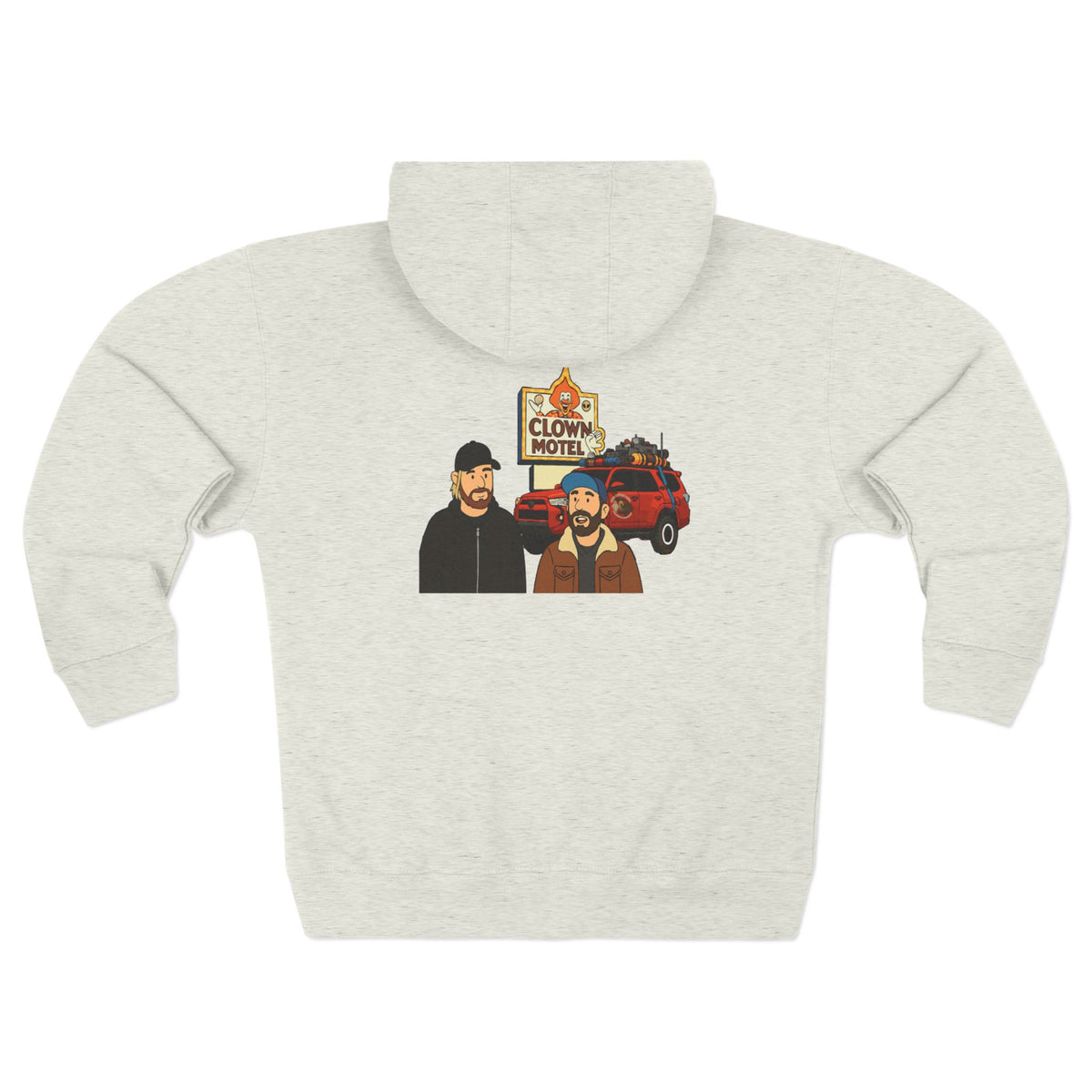 Clown Motel Zip Hoodie — Retro RV Road Trip Graphic Zip-Up