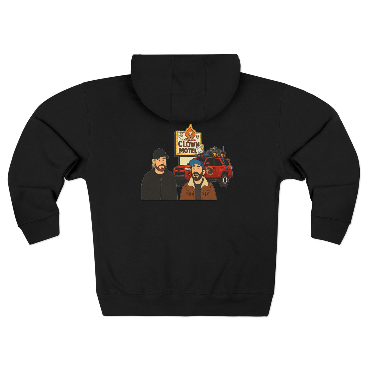 Clown Motel Zip Hoodie — Retro RV Road Trip Graphic Zip-Up