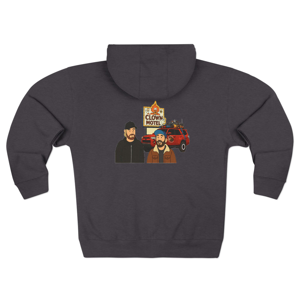Clown Motel Zip Hoodie — Retro RV Road Trip Graphic Zip-Up