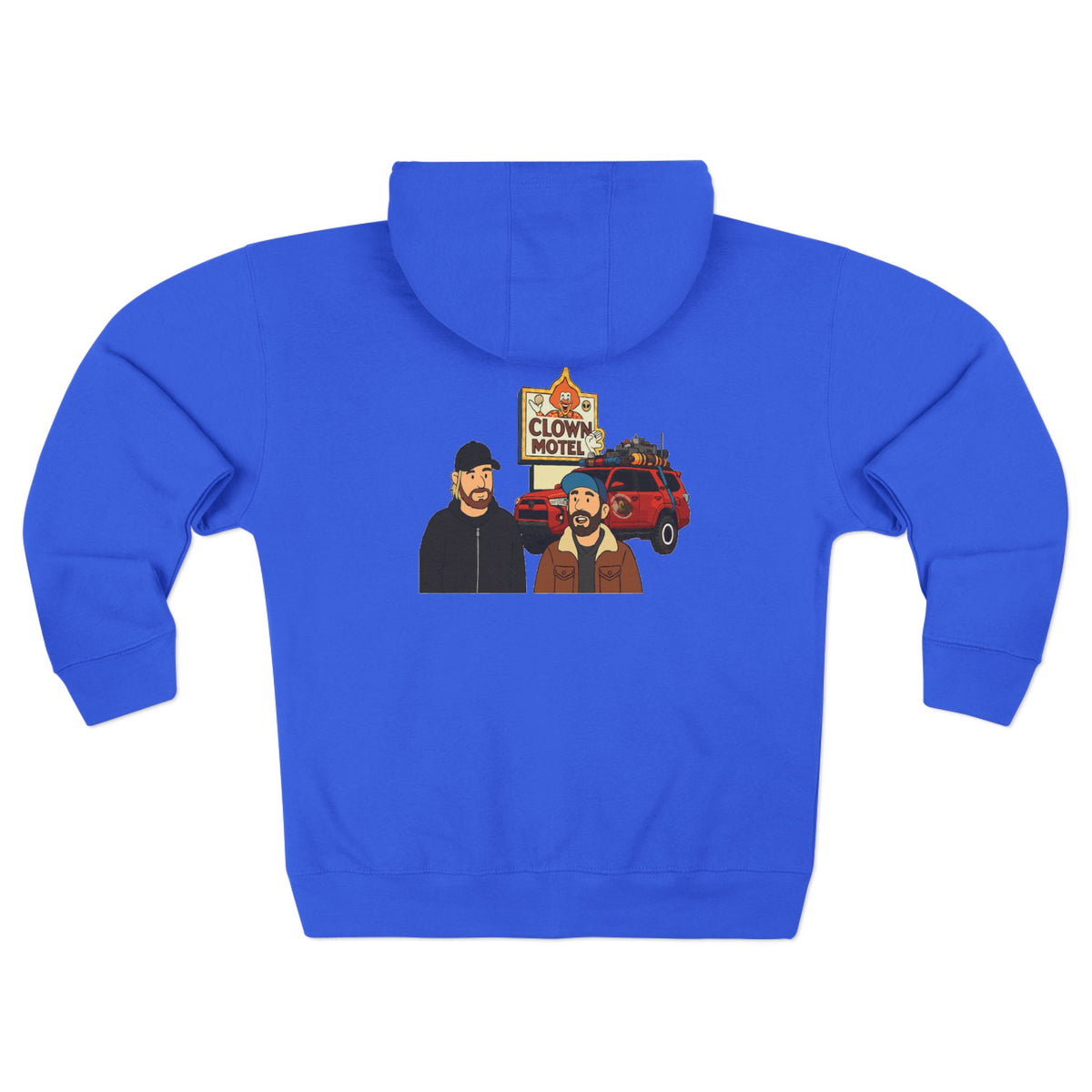 Clown Motel Zip Hoodie — Retro RV Road Trip Graphic Zip-Up