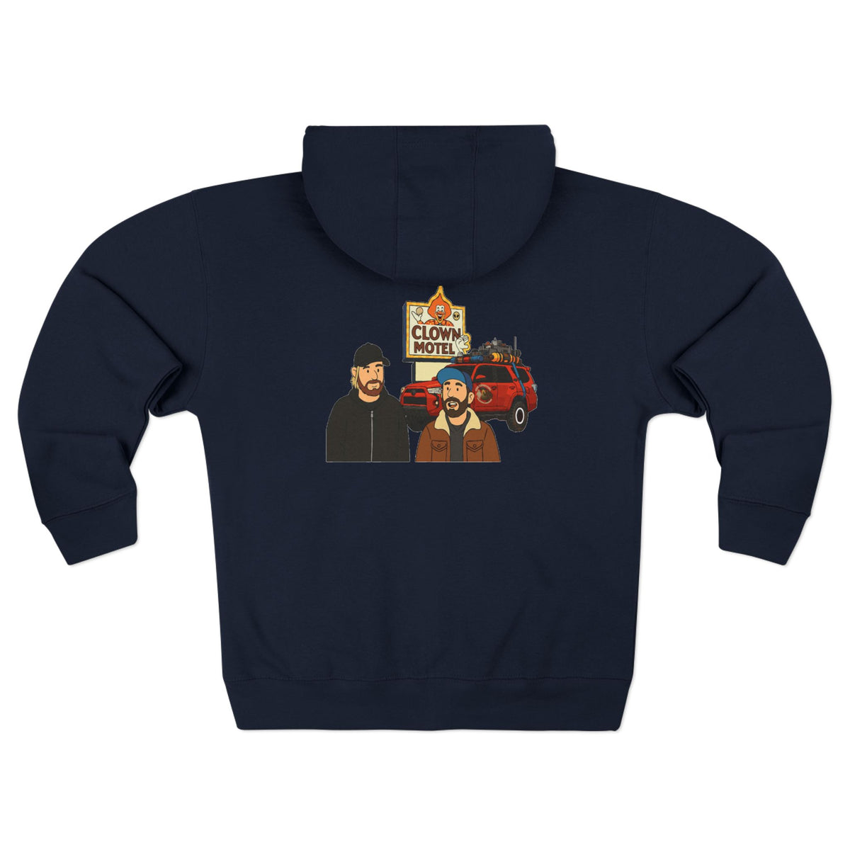 Clown Motel Zip Hoodie — Retro RV Road Trip Graphic Zip-Up