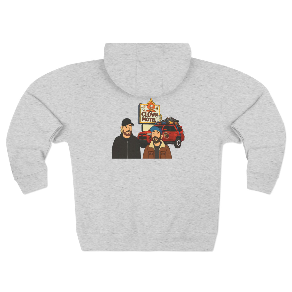 Clown Motel Zip Hoodie — Retro RV Road Trip Graphic Zip-Up